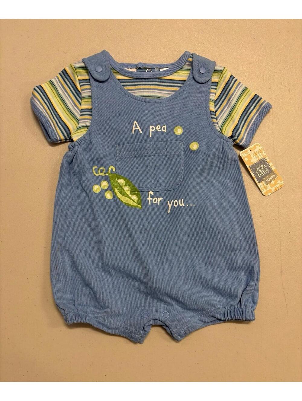 NWT Vintage Cherokee Baby A Pea For You 2 Piece Blue Romper Outfit 6M